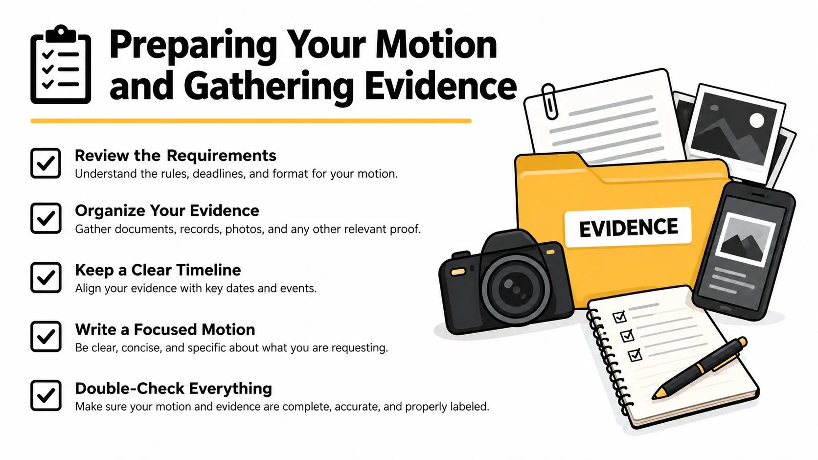 An infographic titled Preparing Your Motion and Gathering Evidence with a checklist of five legal preparation steps.