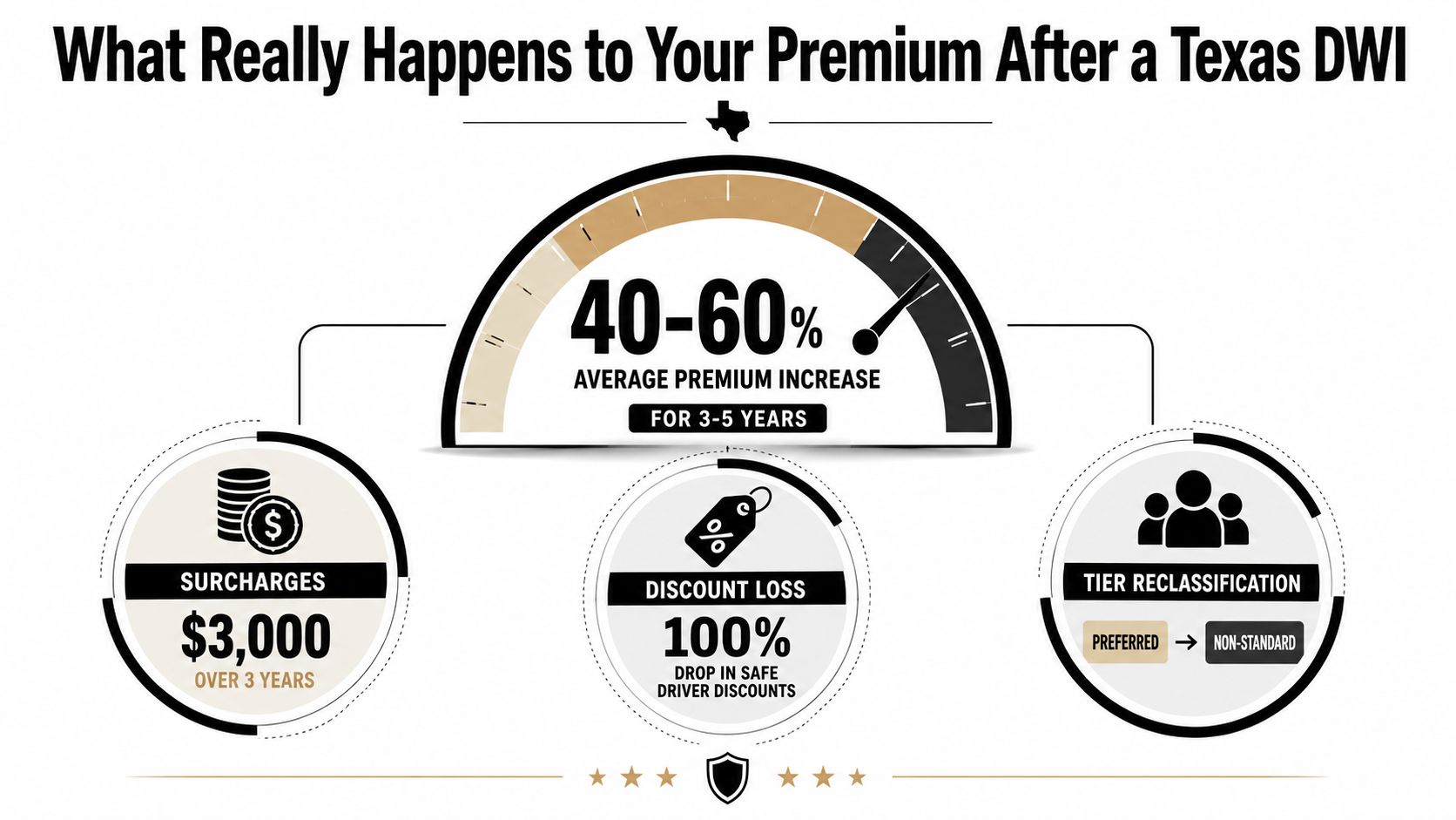 An infographic showing the financial impact of a Texas DWI conviction on car insurance premiums and surcharges.