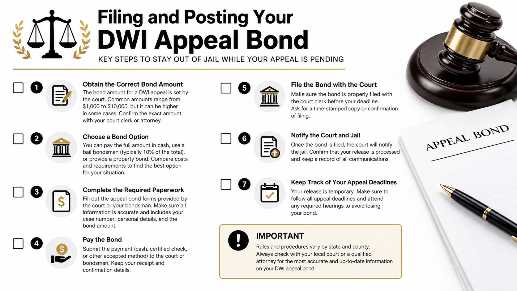 An infographic titled Filing and Posting Your DWI Appeal Bond with seven steps and a gavel.