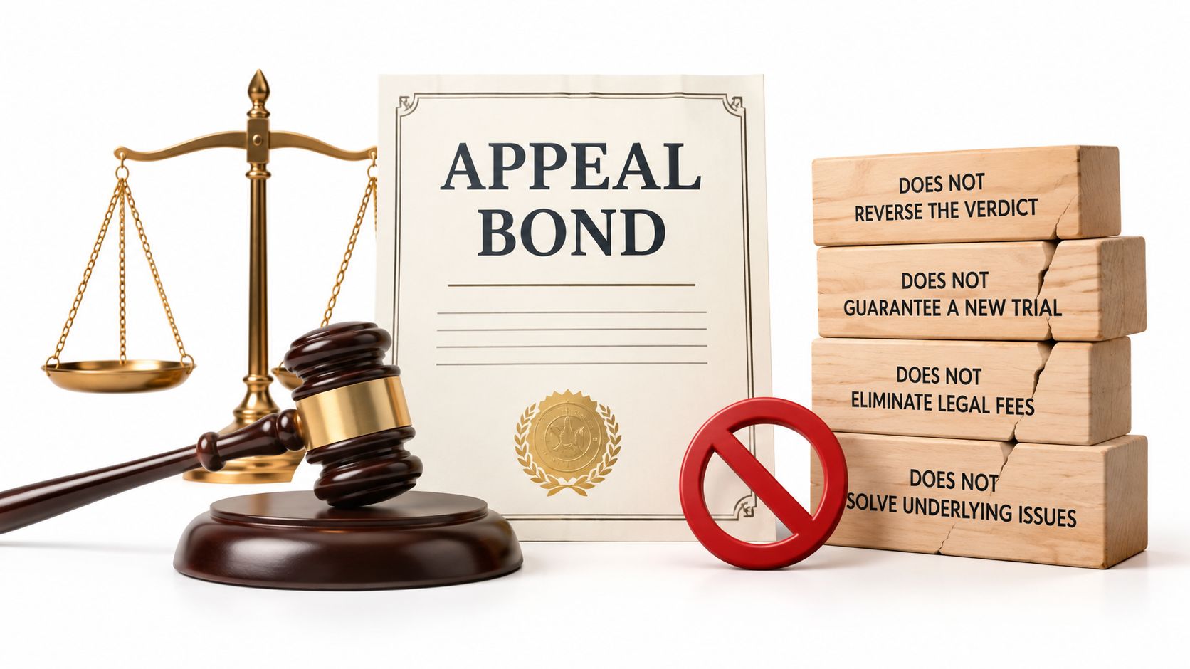 A gavel, scales of justice, and a document labeled appeal bond with wooden blocks listing limitations.