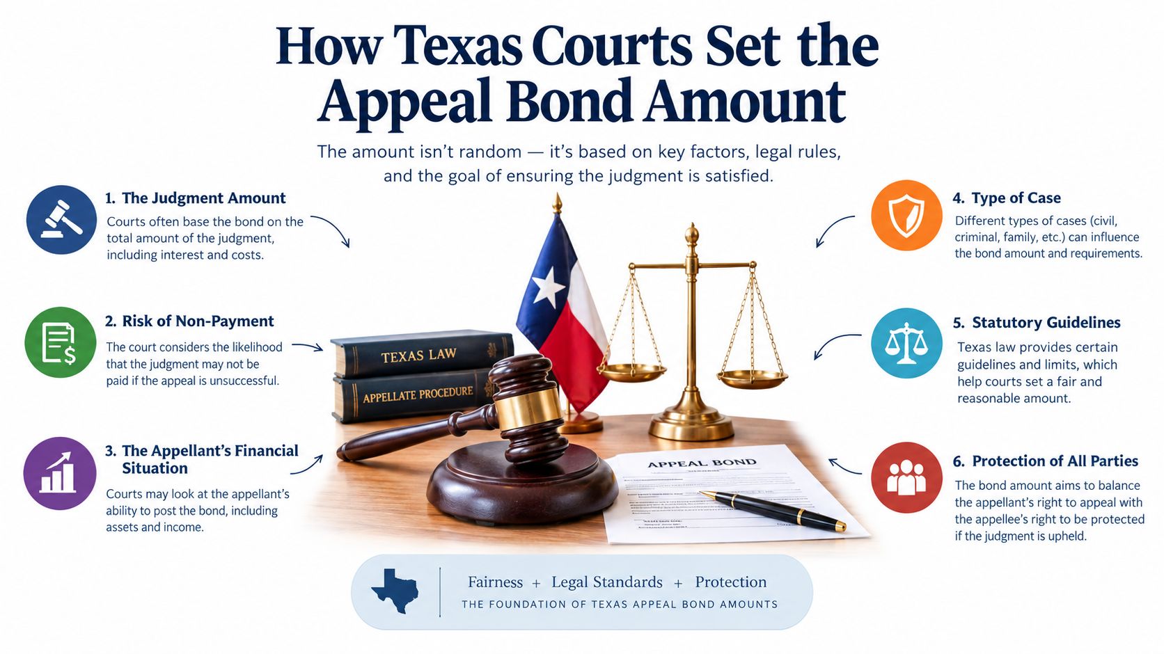 An infographic explaining six key factors used by Texas courts to determine the amount of an appeal bond.