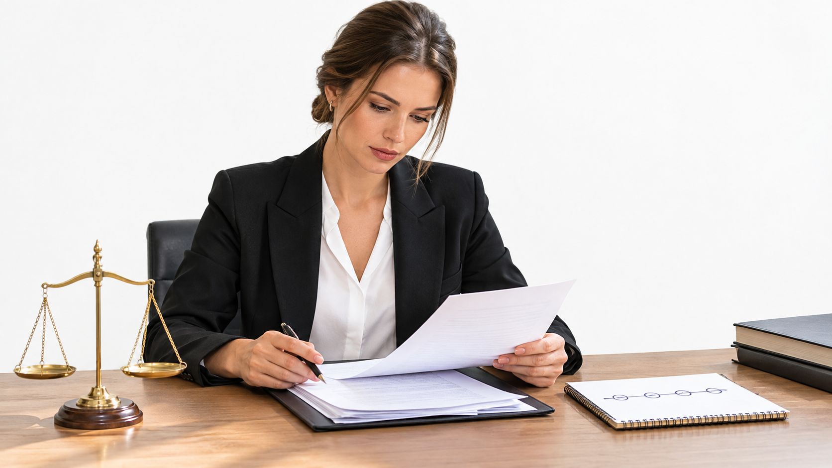 A professional female lawyer in a black suit reviewing legal documents at her desk with justice scales.