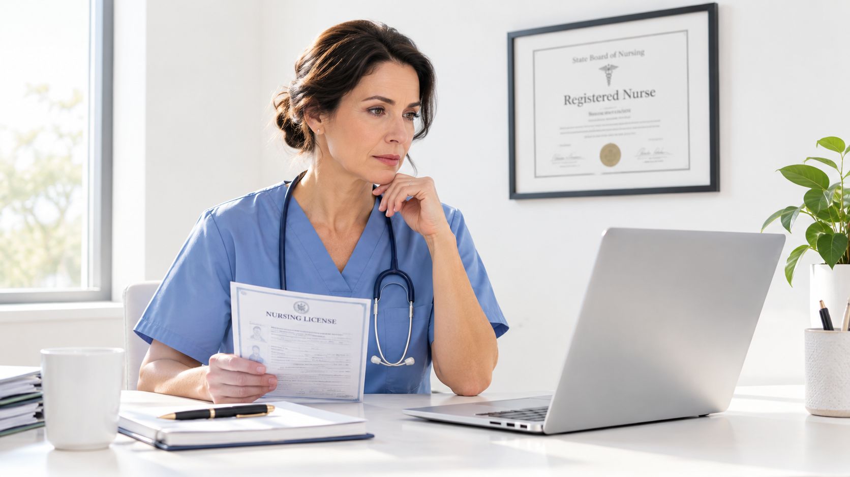 A professional nurse in blue scrubs reviews her nursing license while working at her office desk.