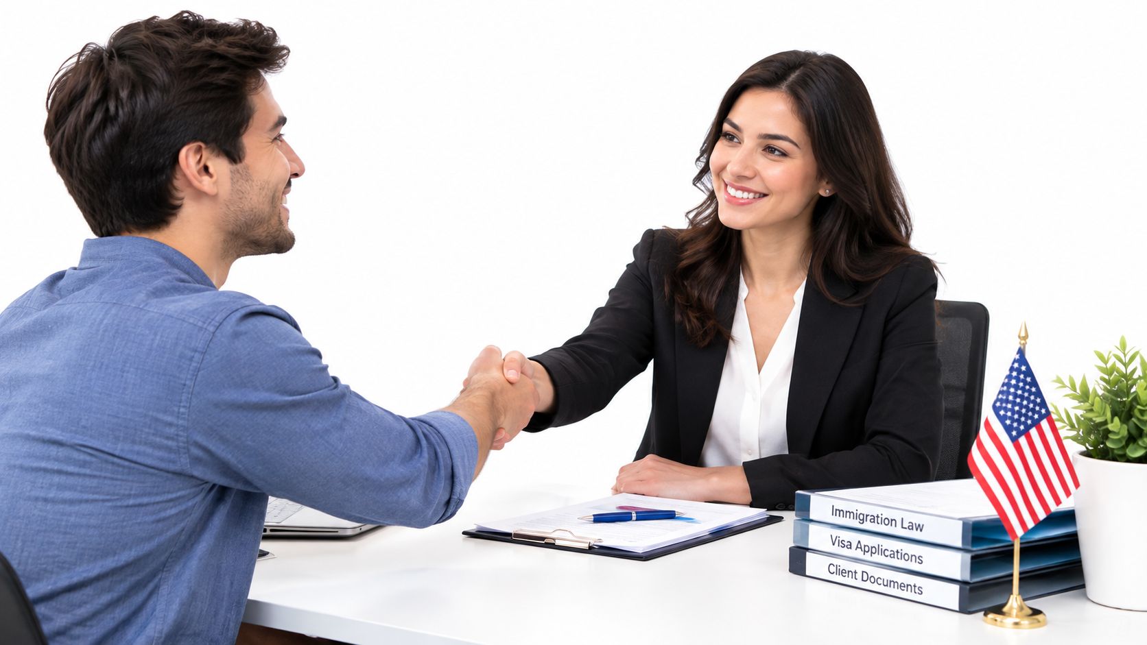 A professional immigration lawyer shakes hands with a client across a desk featuring visa application documents.