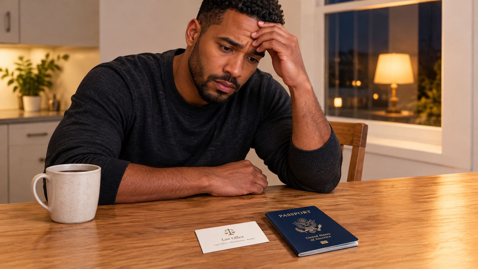 A concerned man sits at a wooden table with a US passport and a law office card.