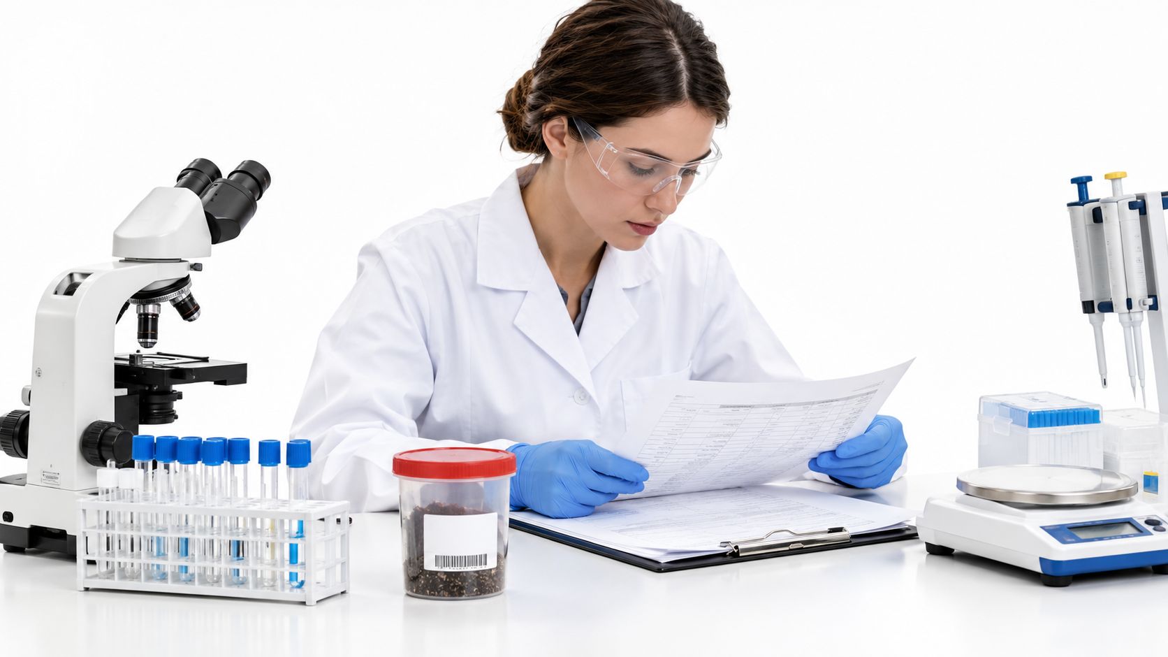 A female scientist in a lab coat and safety goggles reviews research documents at her workstation.