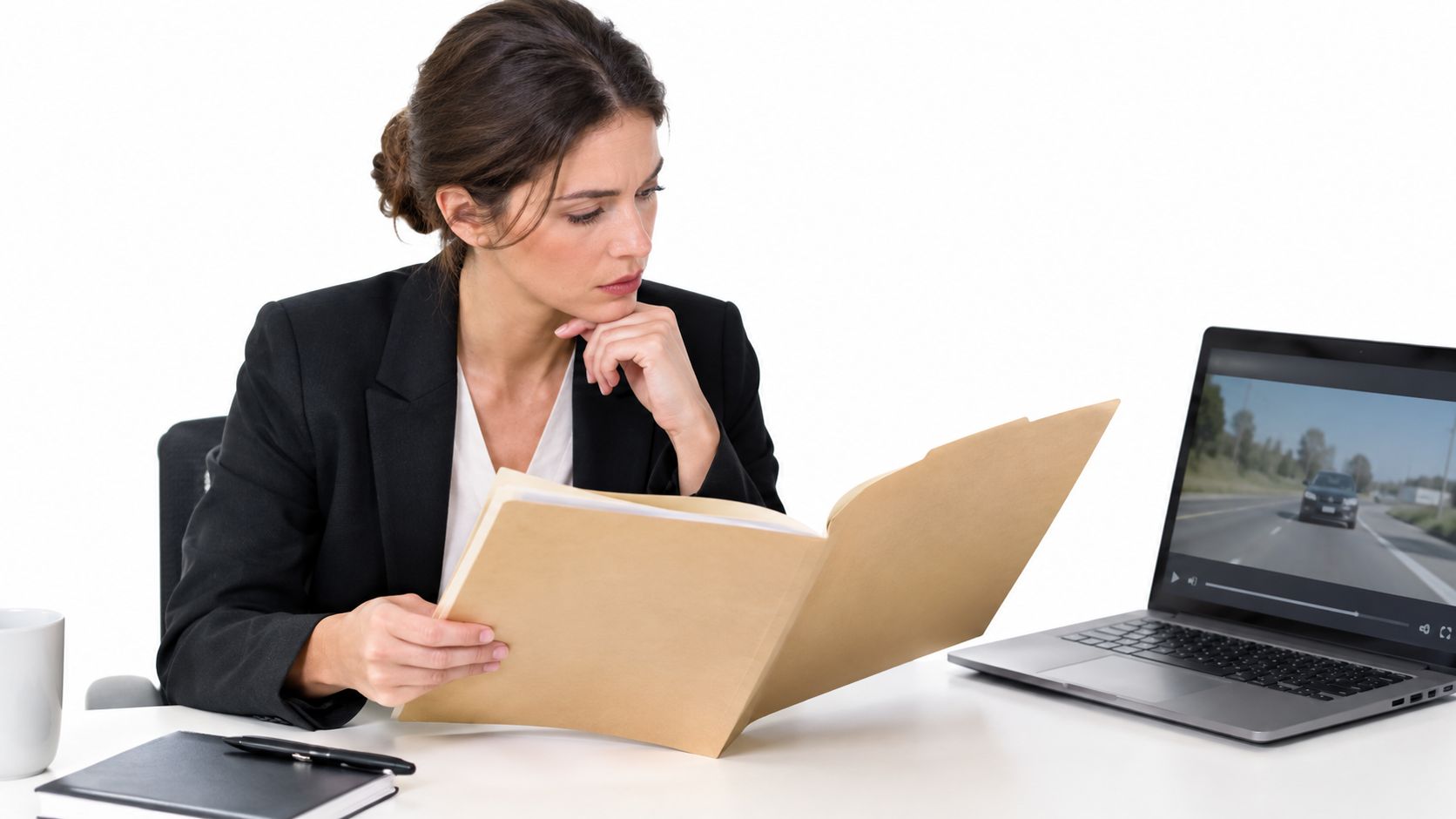 A professional woman in a business suit reviewing legal documents at her desk with a laptop.