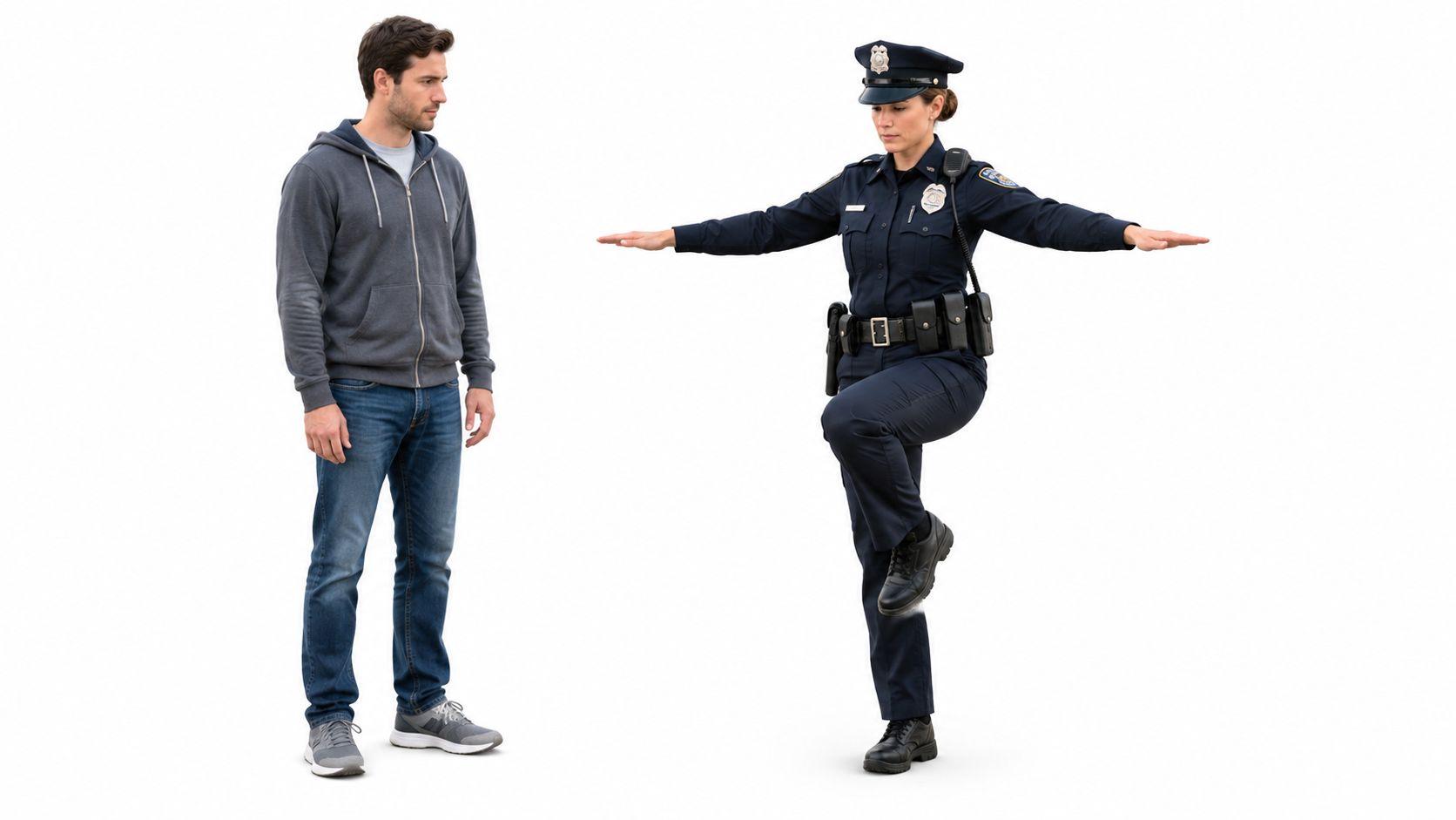 A police officer demonstrating a one-leg stand field sobriety test to a man standing nearby.