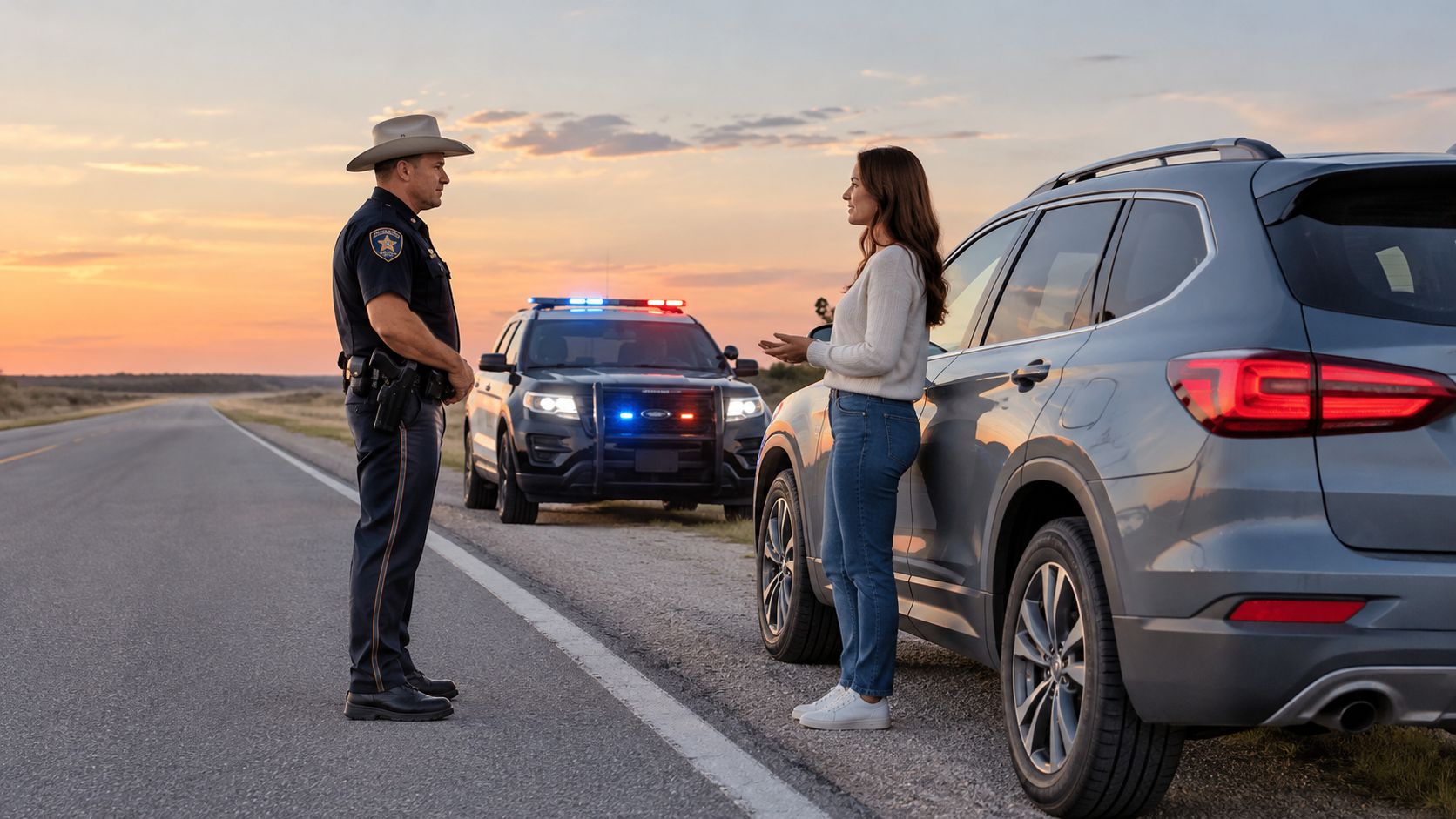 A Texas state trooper having a roadside conversation with a female driver next to her SUV at sunset.
