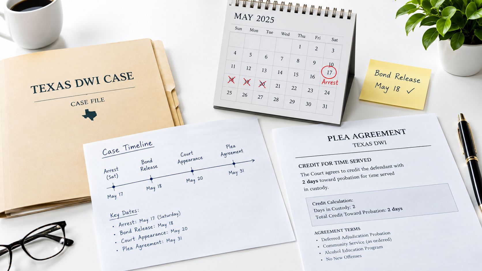 A legal case file with a calendar, timeline, and plea agreement documents regarding Texas DWI probation.