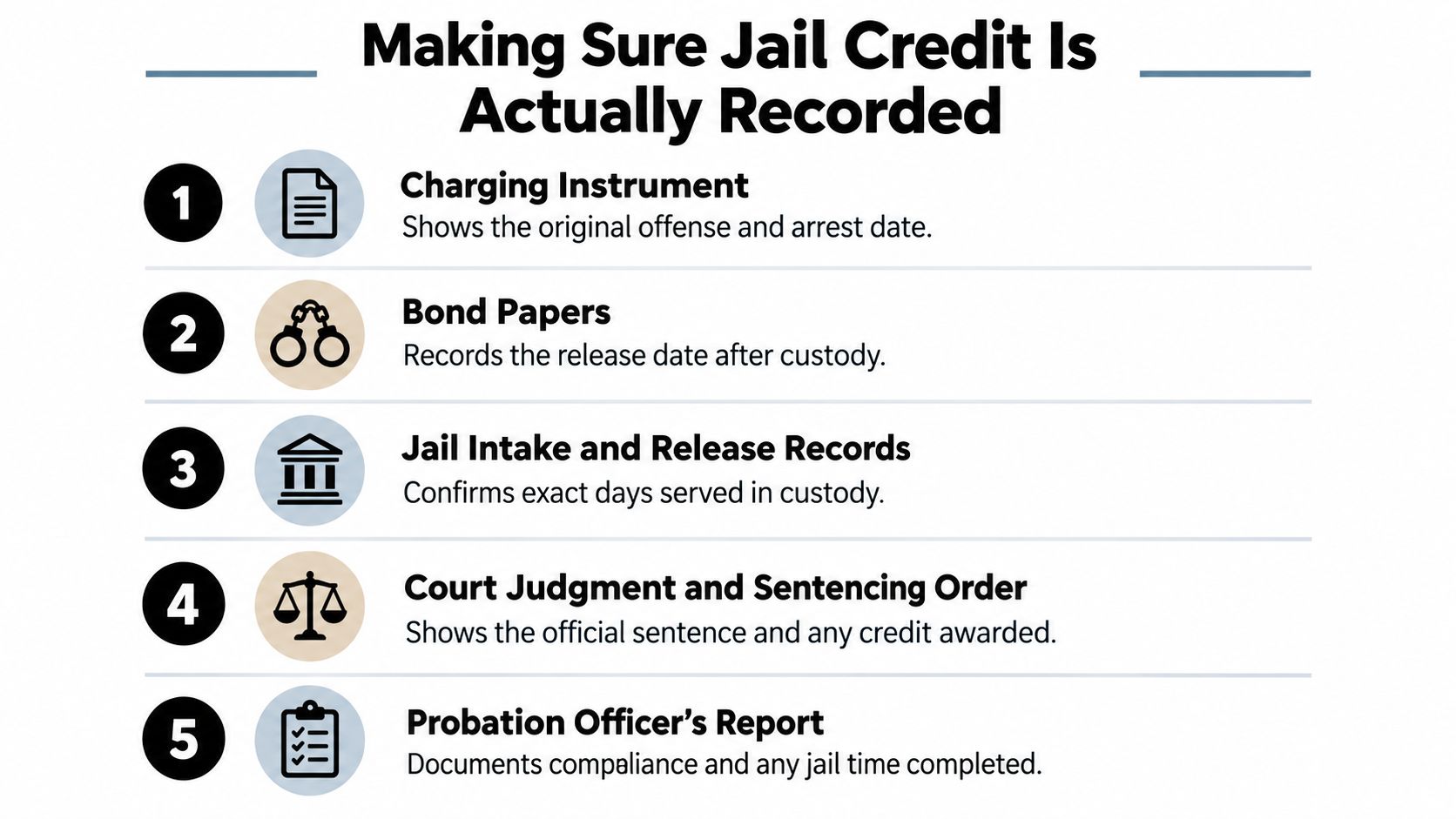 A numbered list describing five essential documents for verifying and recording jail time credit.
