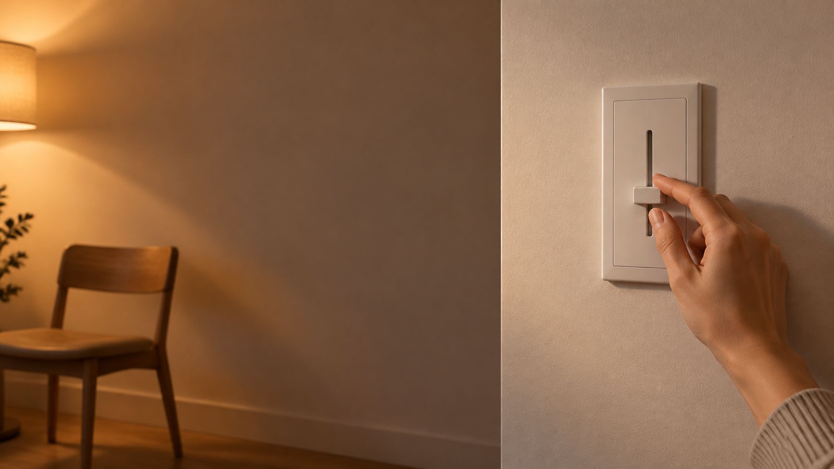 A person adjusting the brightness of a room light using a modern wall-mounted dimmer switch