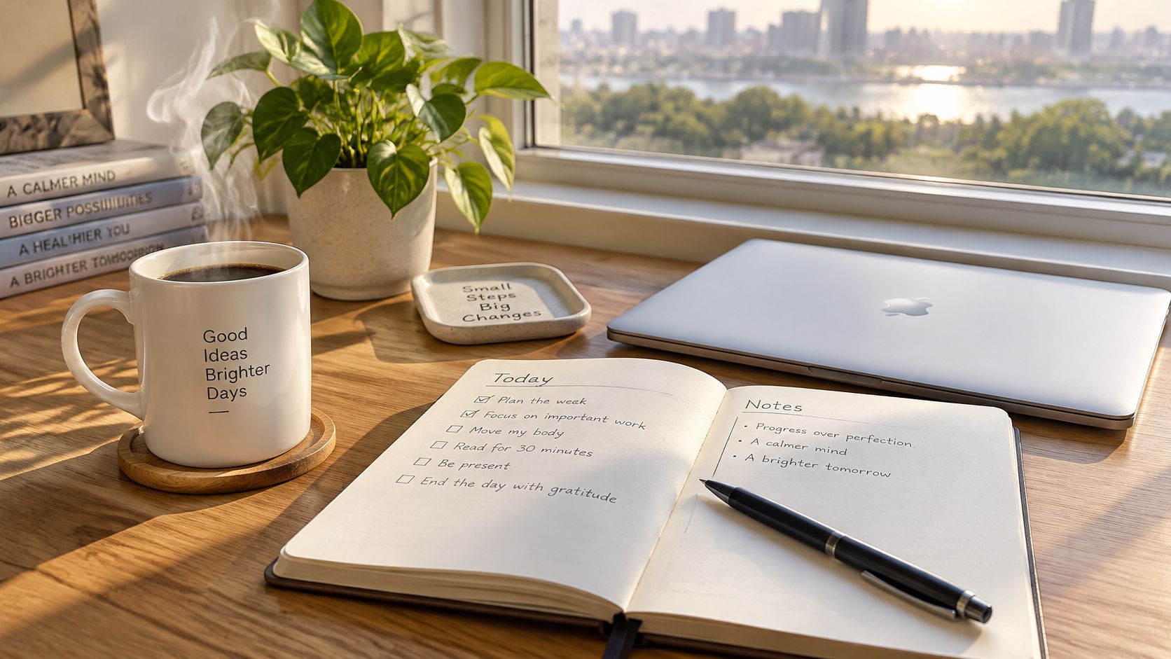 A cozy desk workspace with a steaming coffee mug, a journal, and a laptop by a window.