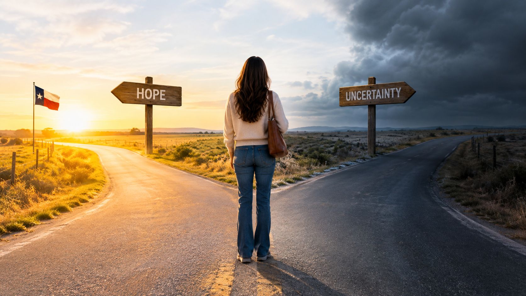 A woman stands at a road fork choosing between paths labeled hope and uncertainty in Texas.
