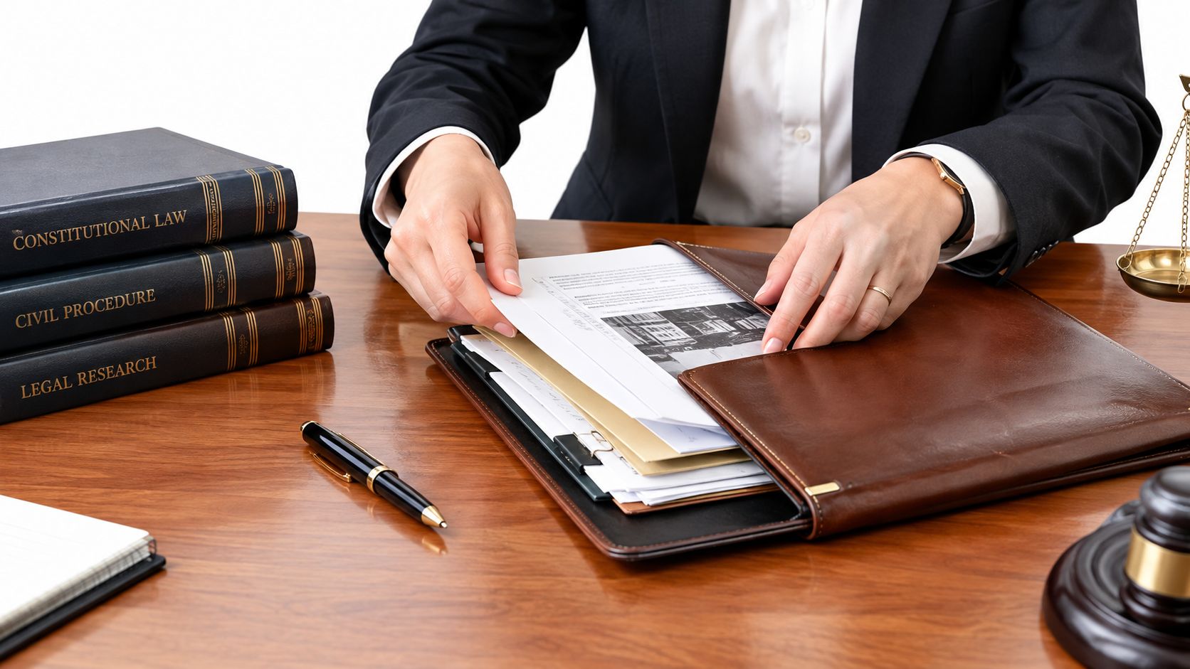 A professional attorney reviewing legal documents inside a leather folder on an office desk.