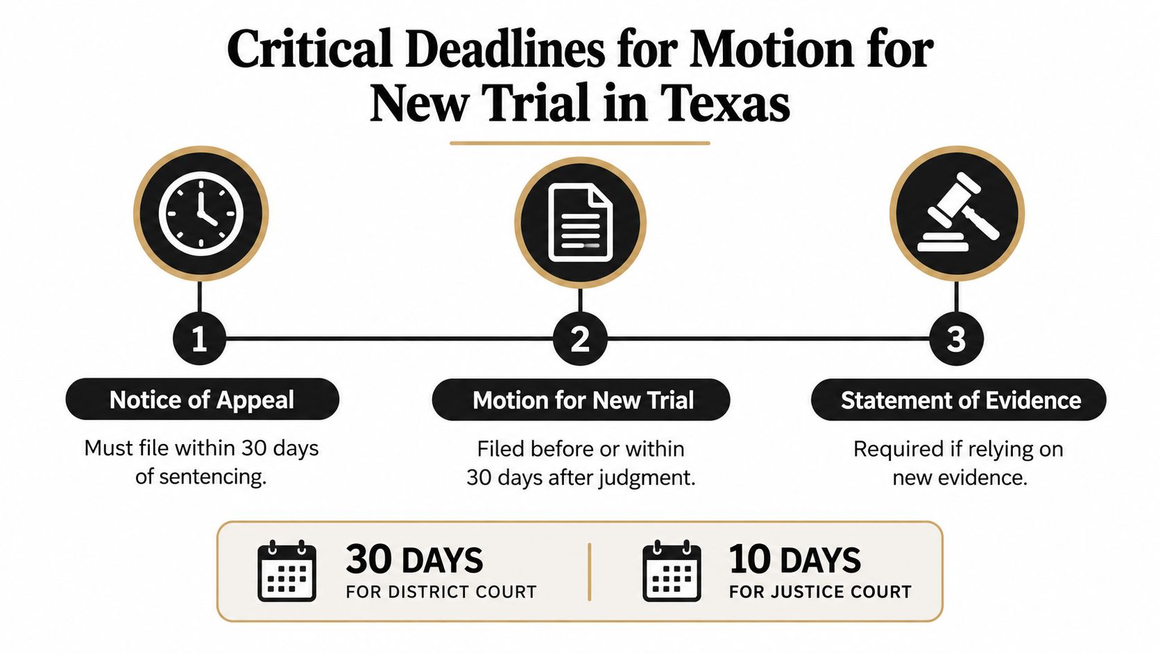 A timeline graphic showing critical deadlines for filing a motion for a new trial in Texas courts.