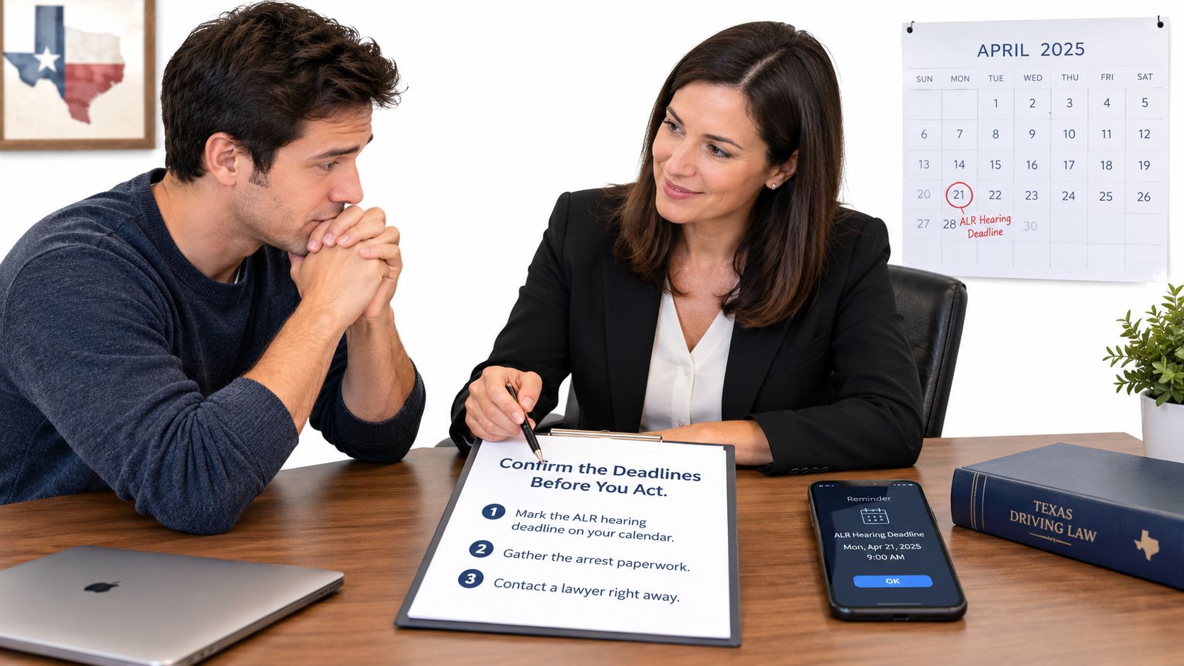 A woman lawyer advising a concerned man about his ALR hearing deadline in her office.