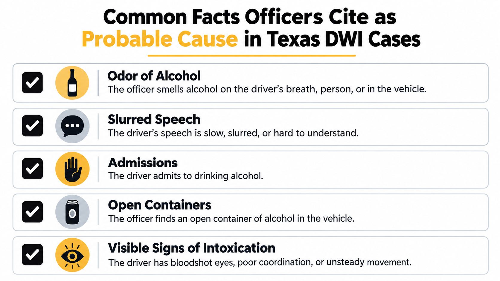 A list of five common reasons police cite as probable cause for Texas DWI cases.