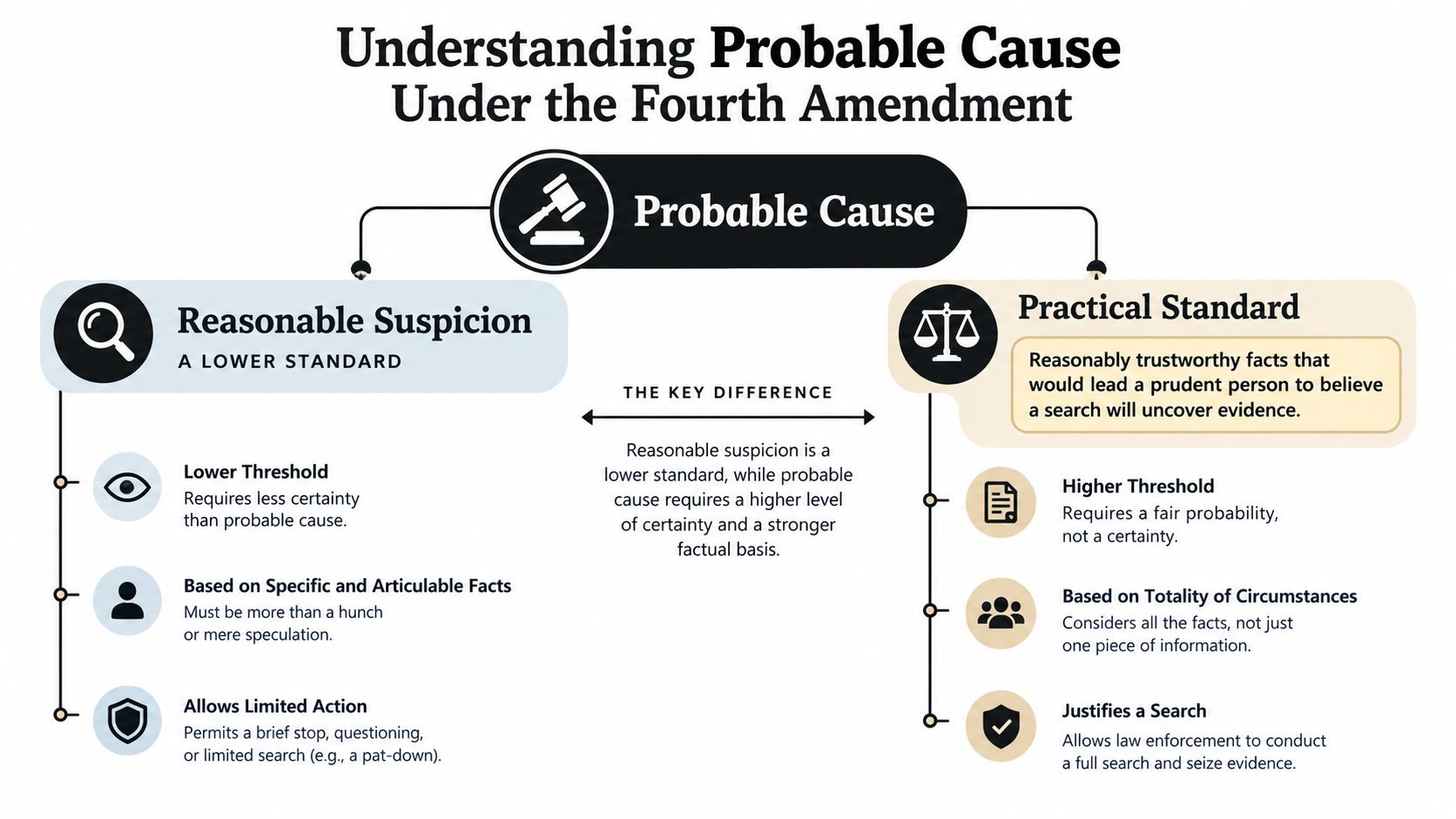 An infographic comparing the legal standards of reasonable suspicion and probable cause under the Fourth Amendment.