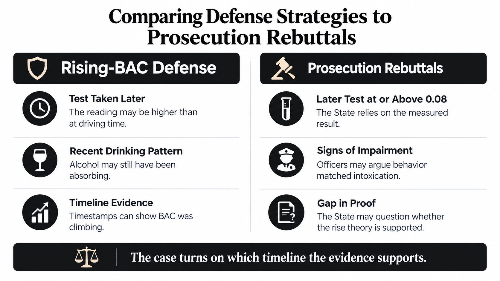 A comparison chart outlining the Rising-BAC defense strategy versus common prosecution rebuttals in DUI legal cases.