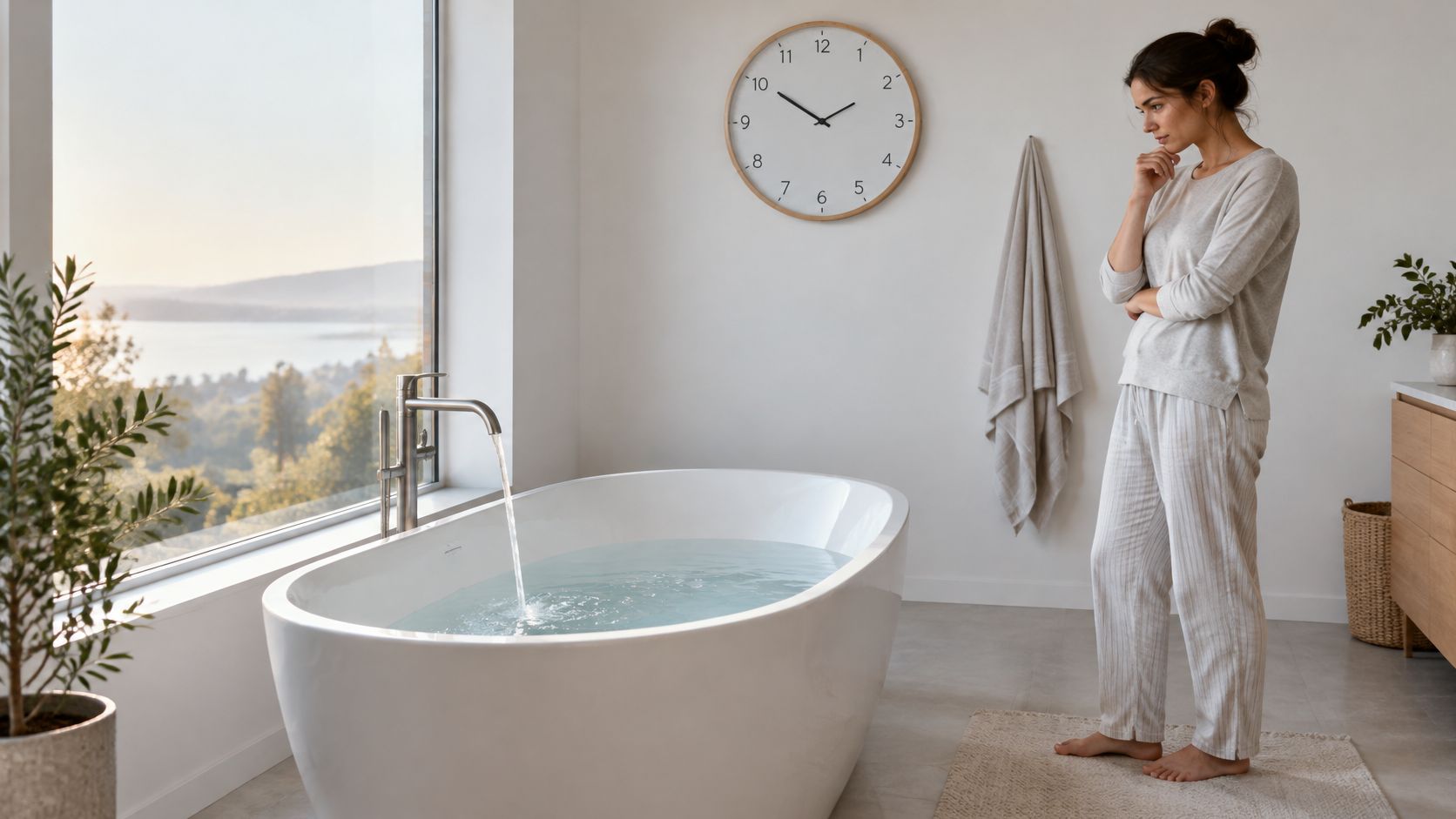 A thoughtful woman in loungewear stands in a serene, modern bathroom beside a filling freestanding bathtub.