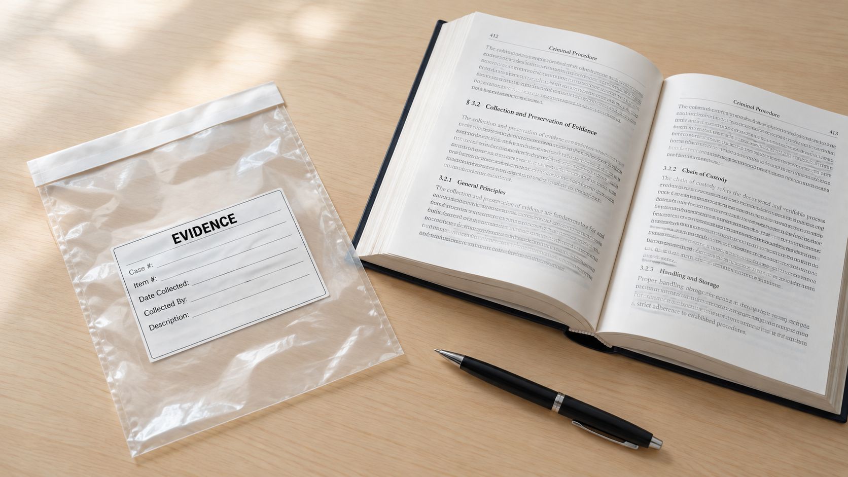 An empty evidence bag sitting next to an open legal textbook and a pen on a desk.