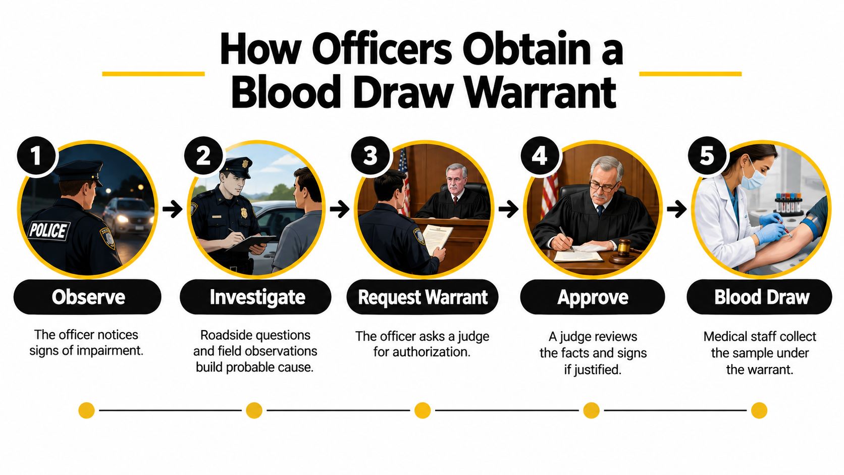 A five-step infographic showing the legal process for police obtaining a blood draw warrant for DUI suspects.