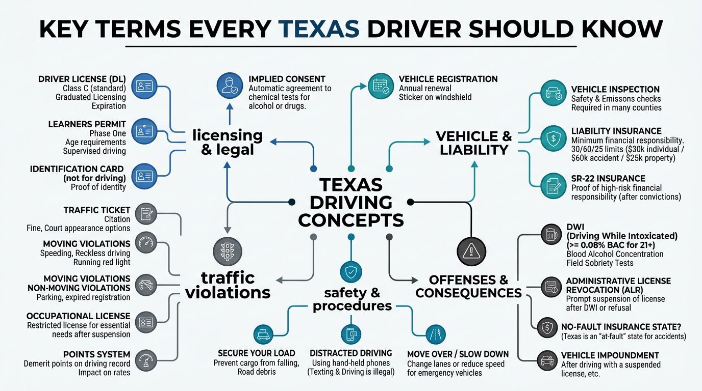 A comprehensive infographic summarizing key Texas driving concepts, including licensing, legal rules, insurance, and traffic violations.