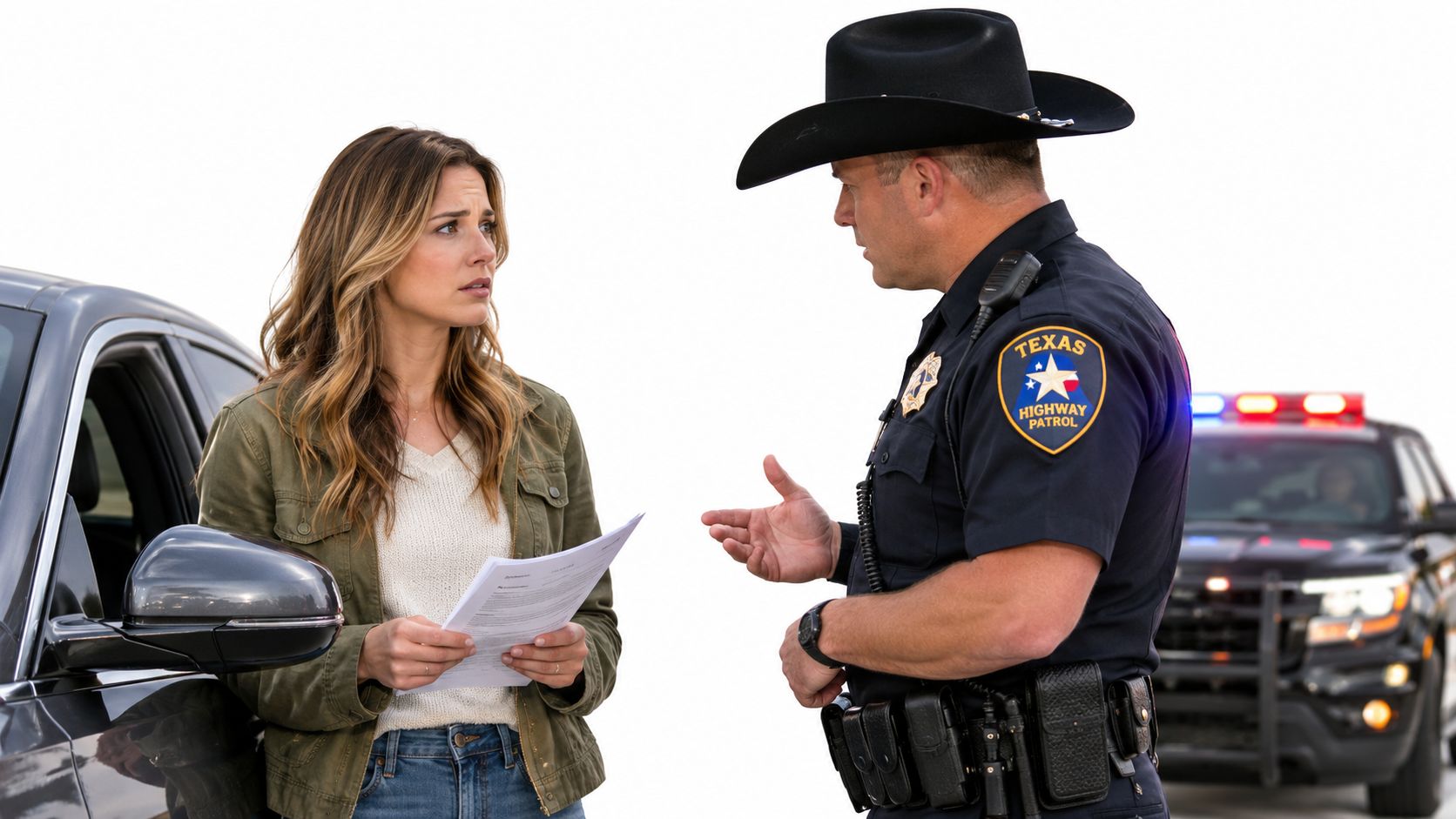A Texas Highway Patrol officer in a black cowboy hat talks to a woman by her car.