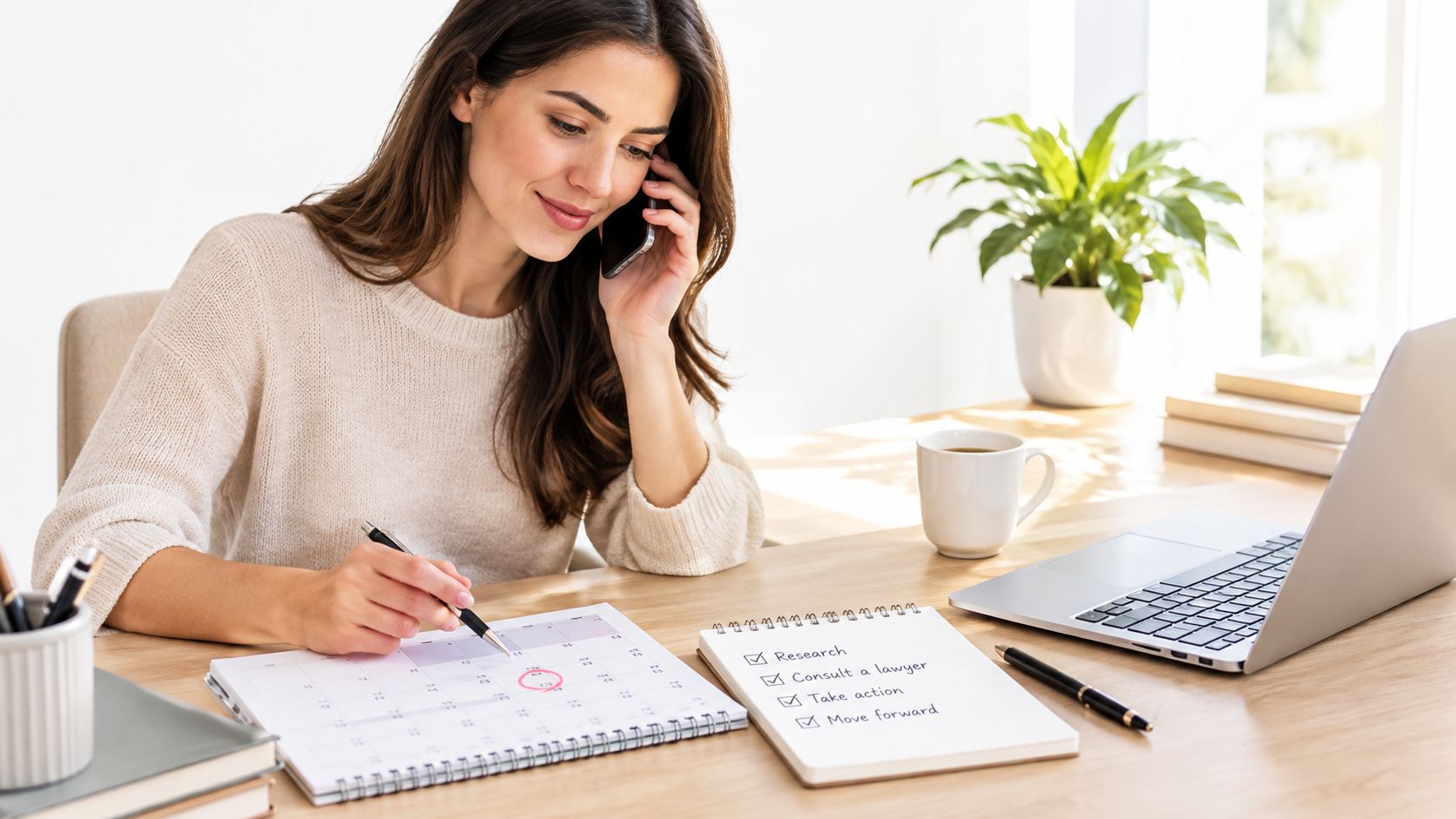 A smiling woman on a phone call while scheduling tasks in a planner and checking off a to-do list.